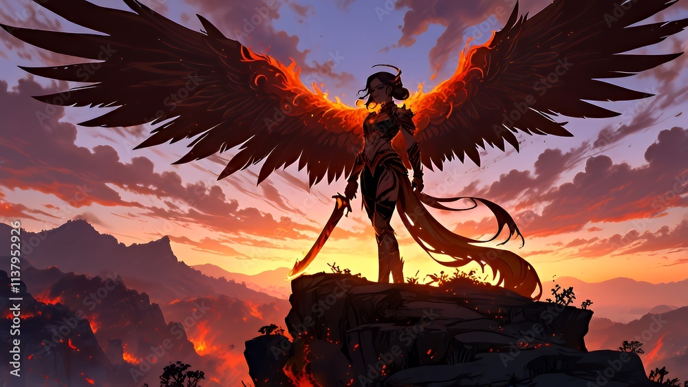 Phoenix Warrior with Fiery Wings and Flaming Sword at Sunset Phoenix Warrior with Fiery Wings and Flaming Sword at Sunset