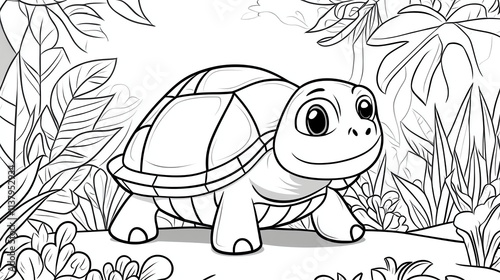 A simple line drawing of a cute turtle with big eyes in a jungle setting. photo