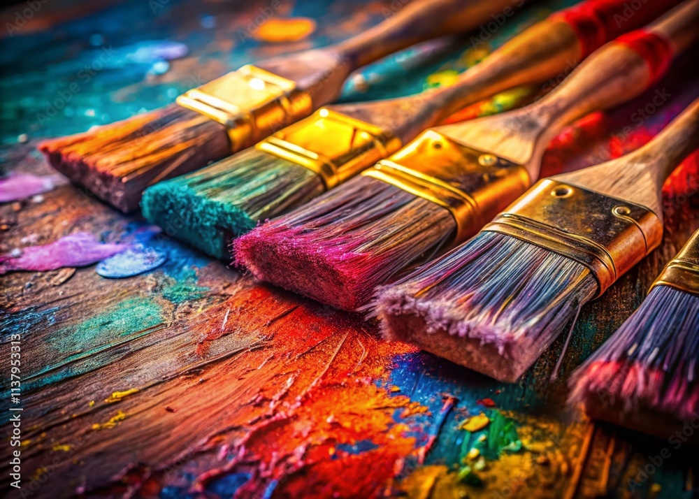 Well-Used Paint Brushes with Vibrant Color Traces on Canvas, Reflecting the Joy of Hobbies and Creative Leisure Time Activities in a Colorful and Artistic Setting