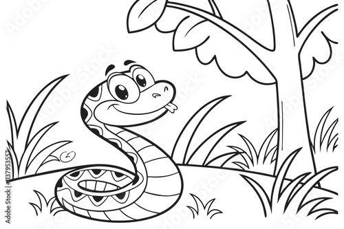 cute Rattlesnake, some grass and a tree, coloring book photo