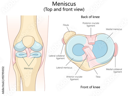 meniscus in top and front views, including ligaments and surrounding knee structures diagram hand drawn schematic raster illustration. Medical science educational illustration