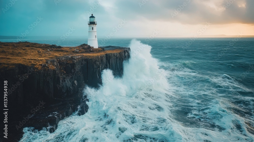 Waves crash;lighthouse stands;rocky coast. Waves crash;lighthouse stands;rocky coast.