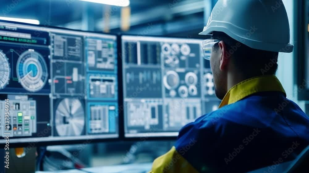 Industrial engineer wearing a hardhat and safety glasses is analyzing data on multiple computer screens at a factory control desk