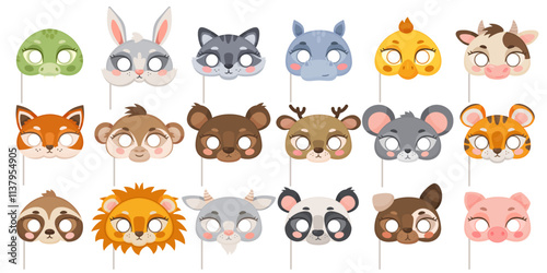 Cartoon animal party half masks. Carnival props. Kids funny gaming elements. Photo booth objects. Cute hare and chicken. Birthday costume. Deer and tiger. Panda head. Recent vector set