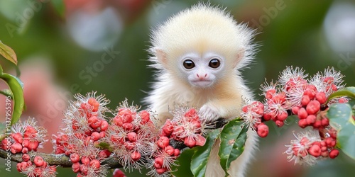 Adorable Golden Langur Baby Monkey in Blossoms