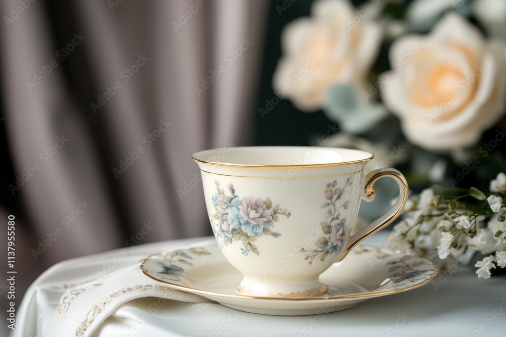 elegant tea party, fine bone china tea cups with detailed floral designs on a circular table adorned with soft linens, flowers, and elegant decorations elegant tea party, fine bone china tea cups with detailed floral designs on a circular table adorned with soft linens, flowers, and elegant decorations
