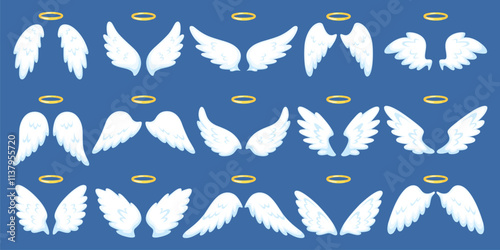 Cartoon angel wings. Golden nimbus. Holy elements. Mystical parts. White feathers. Flight to heaven. Good forces. Angelic innocence aureole. Celestial saint. Recent vector fantasy set