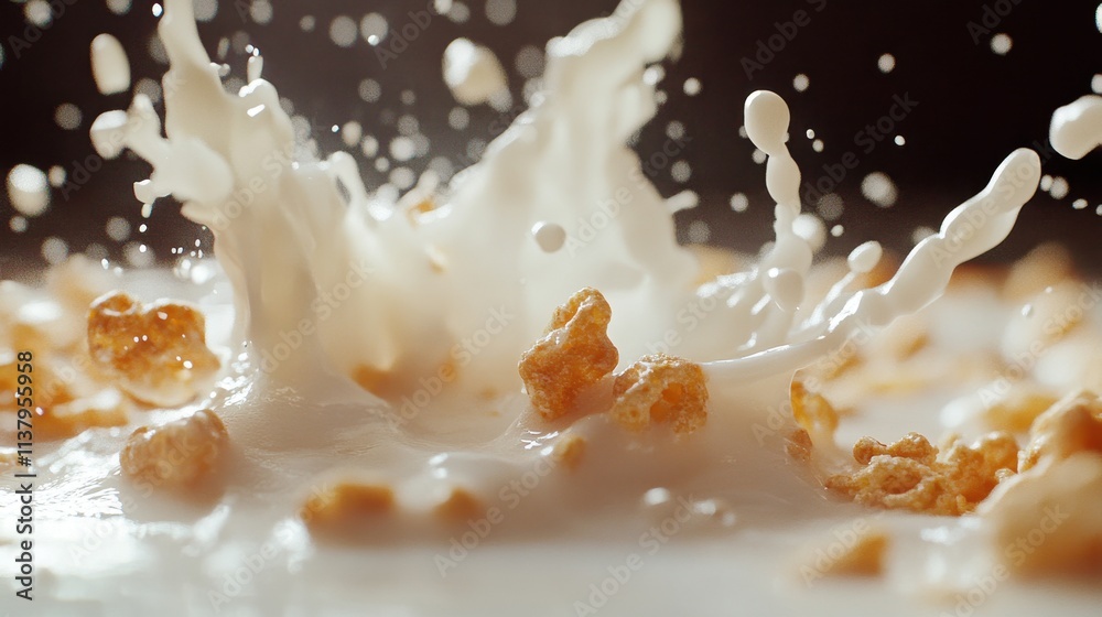 Milk Splashing onto Cereal, Close-up Macro Photography. Milk Splashing onto Cereal, Close-up Macro Photography.