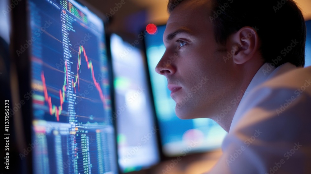 Analyst studies market graphs;focused expression. Analyst studies market graphs;focused expression.