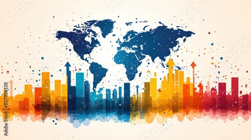 Abstract global business concept with graphs and upward arrows depicting economic growth, international market trends