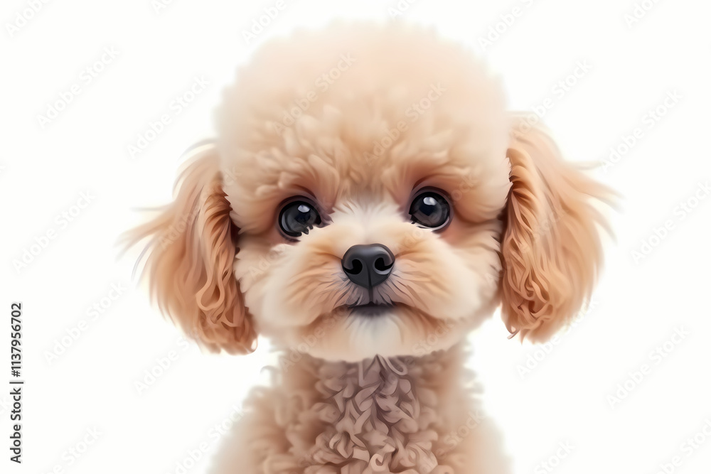 Fluffy poodle puppy with big eyes and curly fur against a white background Fluffy poodle puppy with big eyes and curly fur against a white background