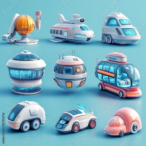 Colorful Futuristic Vehicles and Gadgets on Soft Blue Background photo