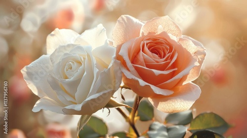 Delicate White and Peach Roses in Soft Focus with Gentle Light, Beautiful Floral Composition for Nature Lovers and Garden Enthusiasts photo