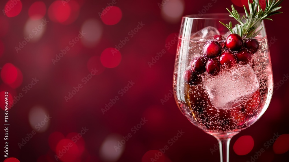 A photo of a Moscato spritz cocktail with ice, cranberry, and rosemary garnish in a glass on a dark red background. A photo of a Moscato spritz cocktail with ice, cranberry, and rosemary garnish in a glass on a dark red background.