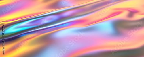 A sleek, metallic iridescent texture glowing with soft rainbow gradients on a luminous background photo