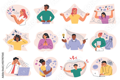 Vector illustration set of emotional states, resilience, stress, gratitude concepts, burnout, balance, focus emotions, creative flow and imposter syndrome. Flat cartoon characters, mental health