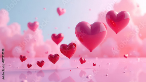 many red hearts levitate on pink and blue background. Valentine's day background
