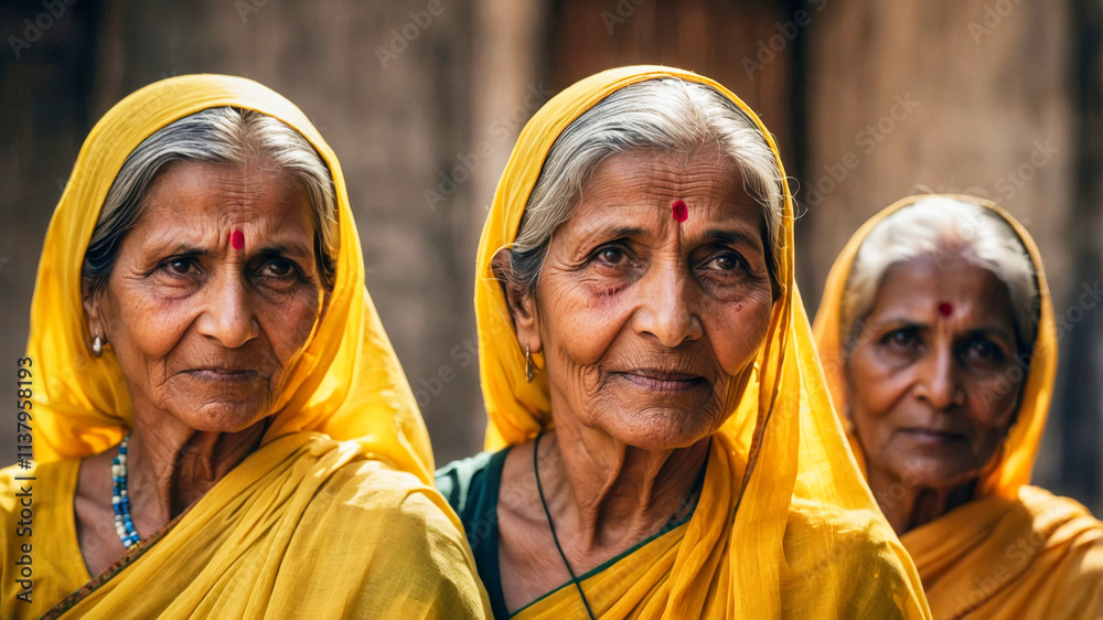 Naklejka premium A group of smiling old women dressed in yellow