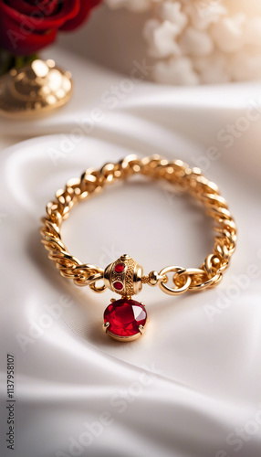 A luxurious golden bracelet adorned with vibrant red gemstones, showcasing a detailed and sophisticated craftsmanship, perfect for elegant occasions and fine jewelry collections.

