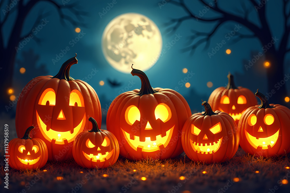 Spooky Halloween scene with illuminated carved pumpkins against a full moon and eerie night sky Spooky Halloween scene with illuminated carved pumpkins against a full moon and eerie night sky