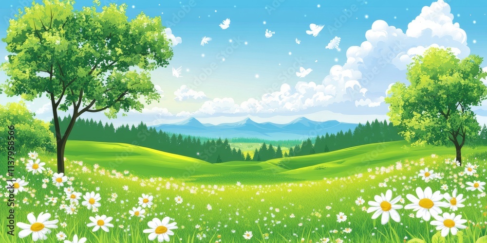 Fototapeta premium Peaceful Grassland View With Blue Sky And Fluffy Clouds