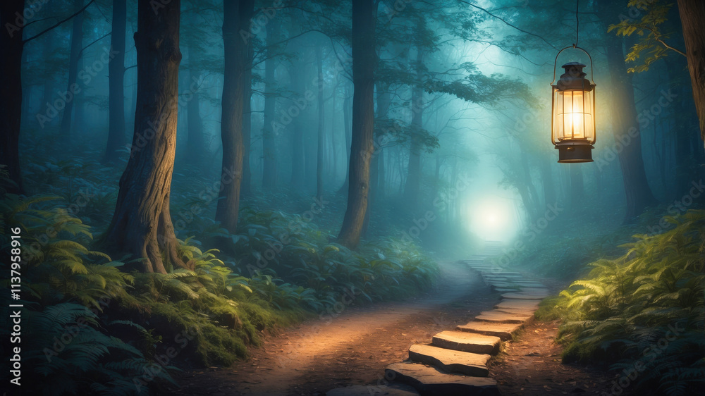 Fototapeta premium A moody, atmospheric image of a dimly lit forest path, with an old lantern illuminating the surrounding area