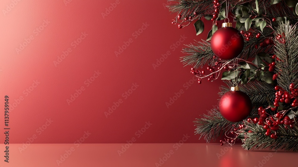 Festive Red Background with Christmas Ornaments and Greenery, Creating a Warm Holiday Atmosphere for Your Seasonal Decor and Celebrations Festive Red Background with Christmas Ornaments and Greenery, Creating a Warm Holiday Atmosphere for Your Seasonal Decor and Celebrations