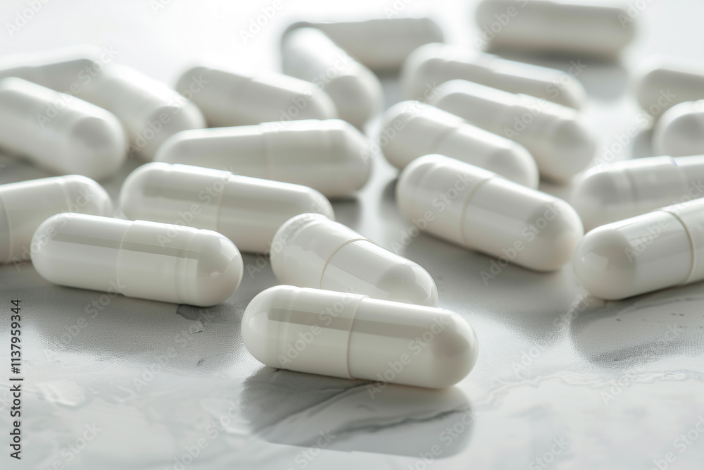 Close-up of scattered white tablets or capsules on a table, high-resolution with space for text or design. Close-up of scattered white tablets or capsules on a table, high-resolution with space for text or design.