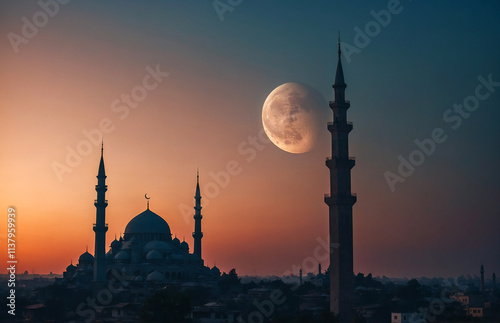 glowing crescent moon with a mosque silhouette on a gradient sky photo