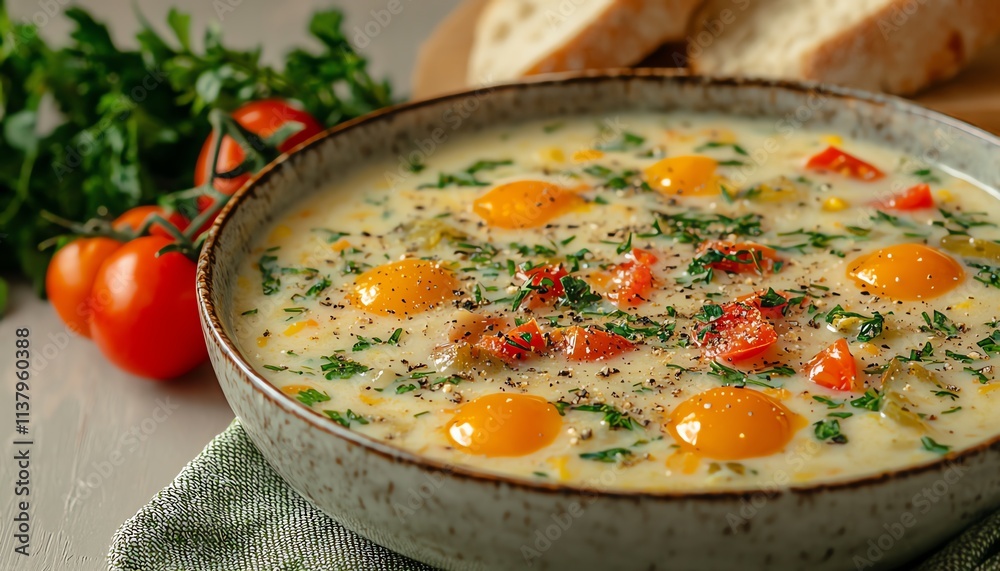 A delicious bowl of egg soup with fresh vegetables and herbs, served with bread. A delicious bowl of egg soup with fresh vegetables and herbs, served with bread.