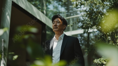 Wallpaper Mural Businessman exudes confidence in a modern office setting amid lush greenery during a sunny day Torontodigital.ca