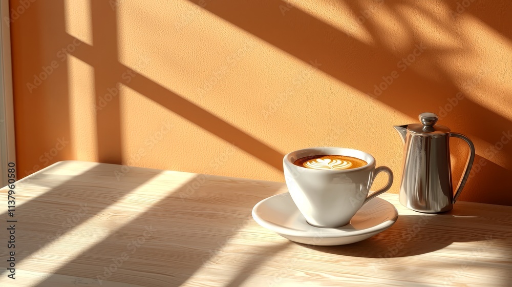 Warm and Inviting Cup of Coffee on a Light Wooden Table with Beautiful Latte Art and Silver Creamer with Soft Shadow Play on an Orange Wall Warm and Inviting Cup of Coffee on a Light Wooden Table with Beautiful Latte Art and Silver Creamer with Soft Shadow Play on an Orange Wall