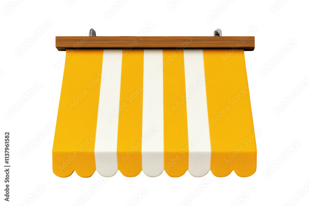 A vibrant yellow and white striped awning with a wooden support, designed for outdoor shade and protection. A vibrant yellow and white striped awning with a wooden support, designed for outdoor shade and protection.