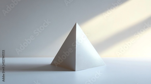 White pyramid on white surface with shadow and sunlight.