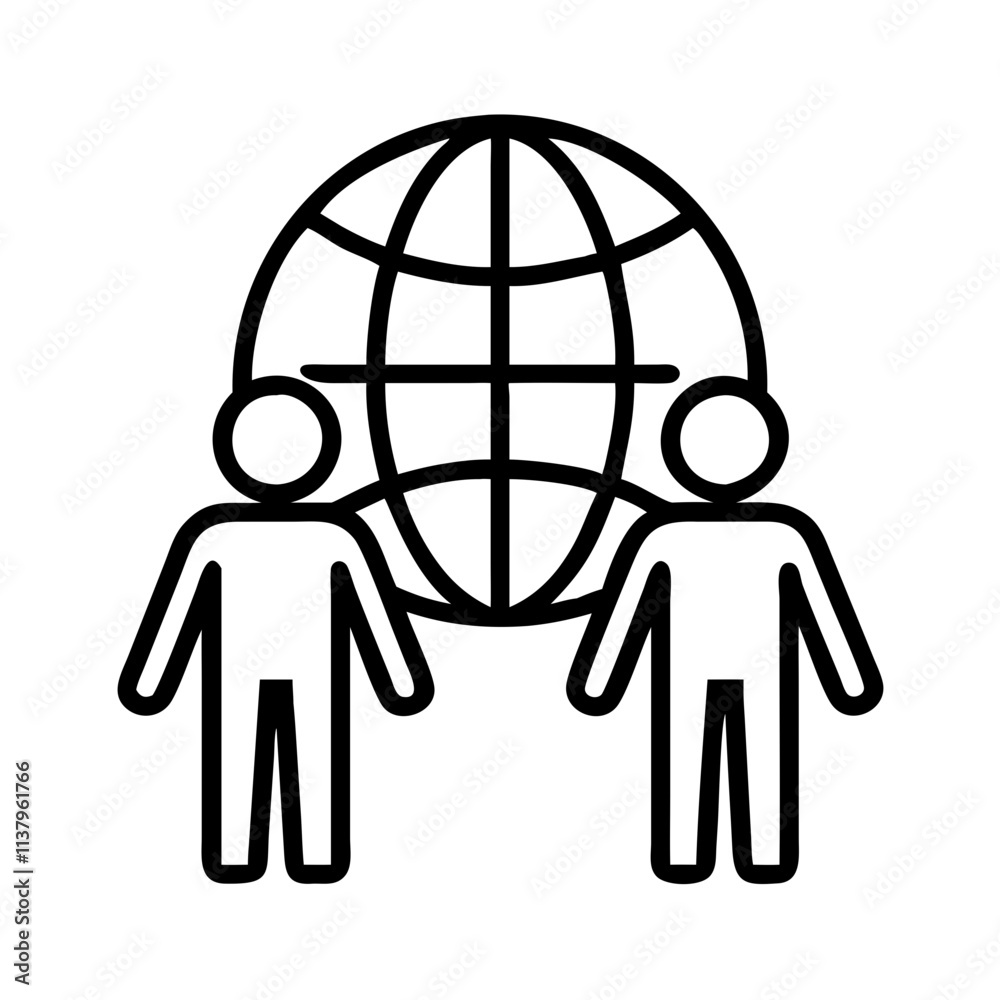 globe with men holding hands unity icon, men’s day line art, men’s icon - simple black line art icon of globe with men holding hands unity, for men’s day celebrations. men’s vector art.