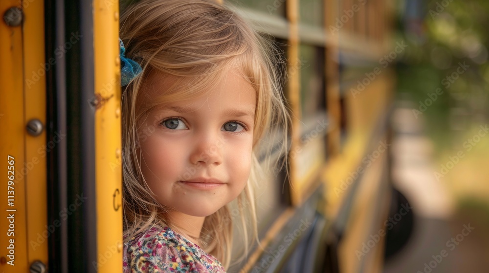 Image features a young girl with blue eyes and blonde hair in a floral dress and blue bow, leaning on a school bus window with a cheerful expression, suggesting a warm Image features a young girl with blue eyes and blonde hair in a floral dress and blue bow, leaning on a school bus window with a cheerful expression, suggesting a warm