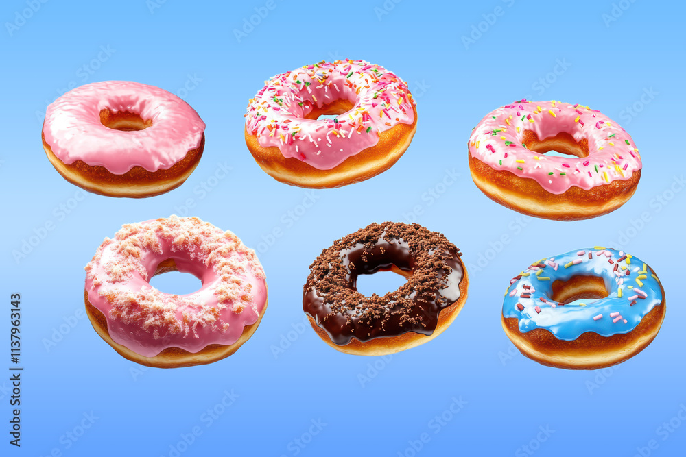 Floating Donuts with Pink and Chocolate Frosting and Sprinkles on a Light Blue Background, Sweet Dessert Illustration Floating Donuts with Pink and Chocolate Frosting and Sprinkles on a Light Blue Background, Sweet Dessert Illustration