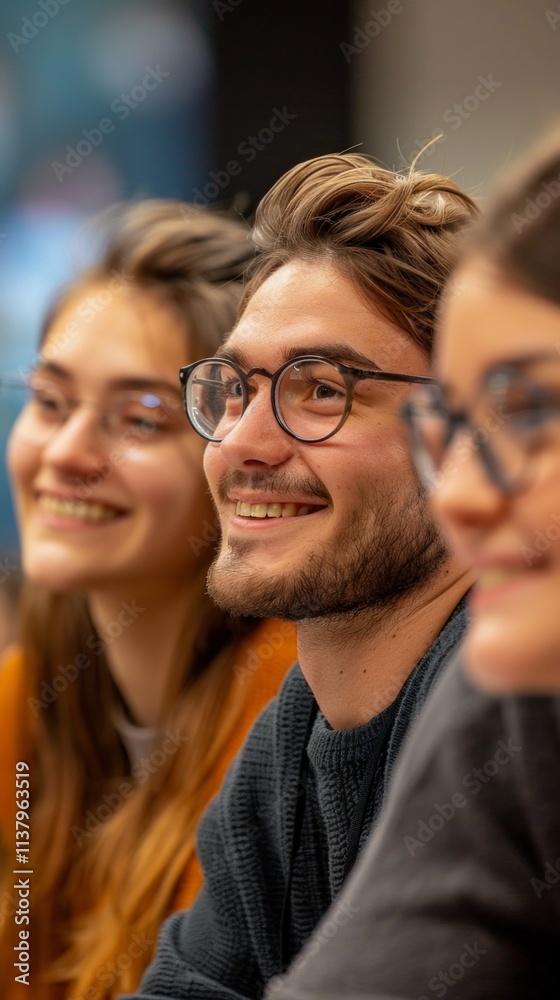 Fototapeta premium Image shows three smiling students in a classroom-like setting. Middle man with glasses and goatee, woman in red sweatshirt, third person out of focus. Friendly atmosphere portrayed.