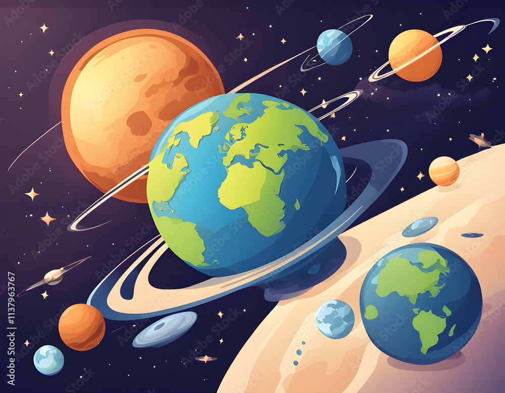 Fototapeta premium Space Earth and Planet Background with Satellite Pro Vector background