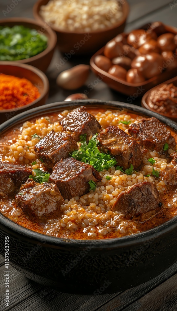 Delicious beef stew with grains, herbs, and spices in a rustic bowl on a wooden table. Delicious beef stew with grains, herbs, and spices in a rustic bowl on a wooden table.