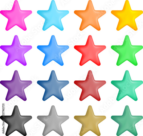 Collection of 3D stars in various color. Shiny. icon. Design elements. Illustration.