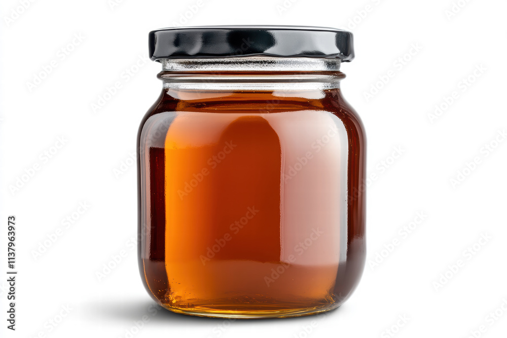 Glass Jar of Pure Golden Honey Isolated on White Background with Rustic Twine and Lid Glass Jar of Pure Golden Honey Isolated on White Background with Rustic Twine and Lid