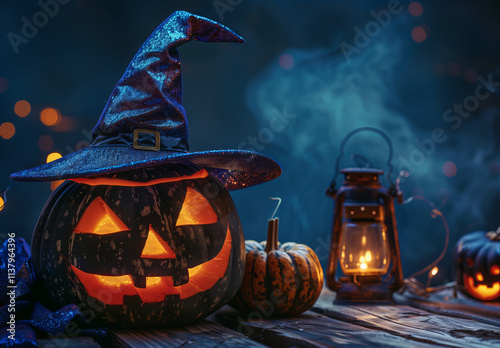 Halloween pumpkin with burning light on wooden table in dark room, emitting smoke with highly detailed foliage. photo