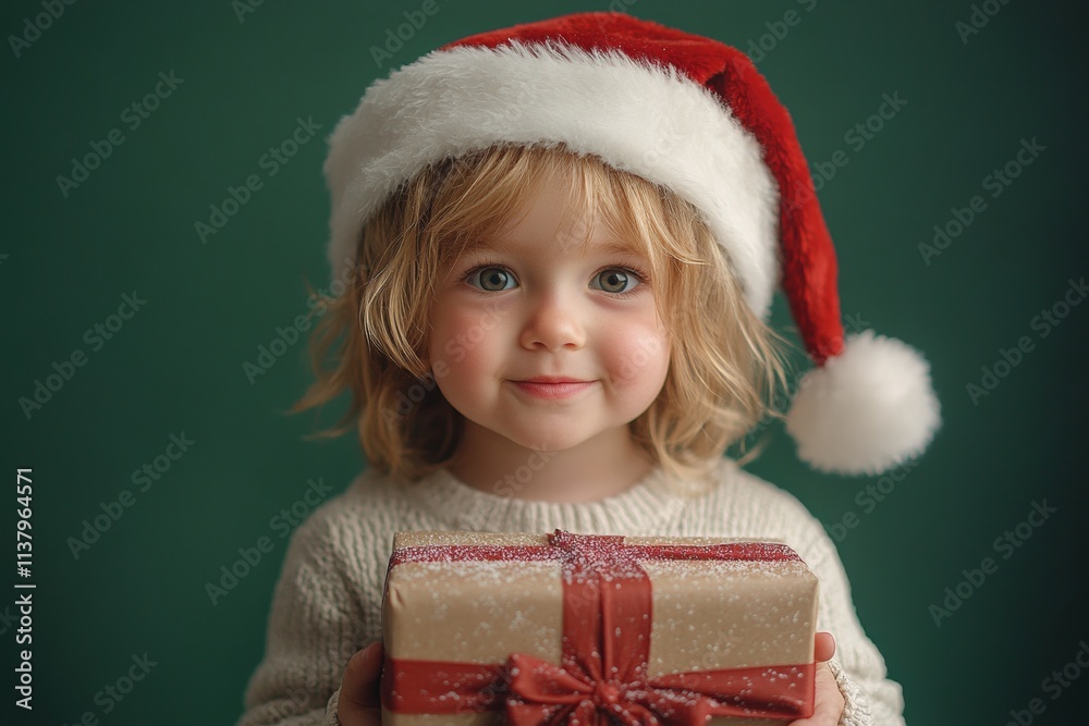 Copyspace. Isolated white white toddler boy in red santa cap with surprise box in hands, on green background. Professional christmas tree. Green christmas card. Studio christmas fun. Copyspace. Isolated white white toddler boy in red santa cap with surprise box in hands, on green background. Professional christmas tree. Green christmas card. Studio christmas fun.