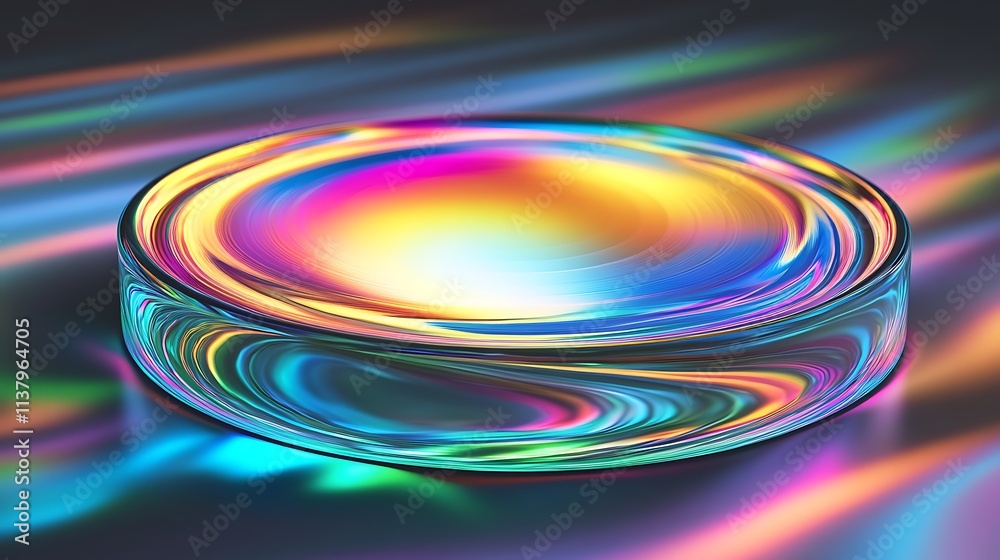 A smooth iridescent surface with swirling rainbow hues and a futuristic hologram effect