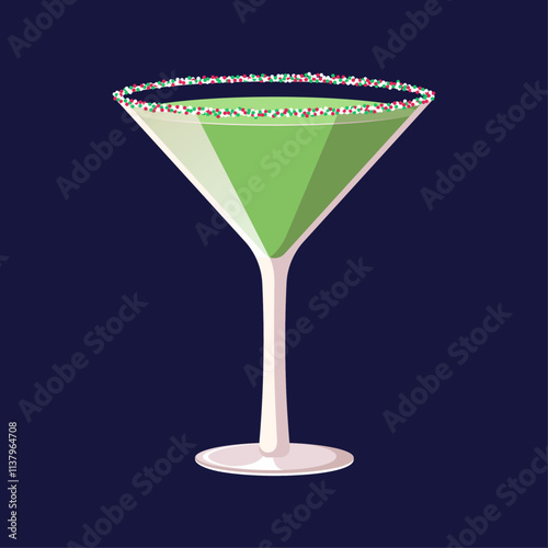 Green Christmas cocktail in martini glass. Vector illustration of festive drink with confetti.