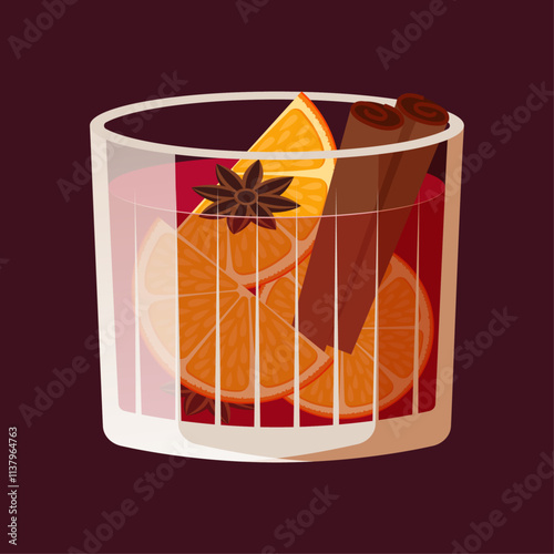 Mulled wine on the brown background. Vector illustration of winter drink. Seasonal cocktail with oranges and cinnamon.