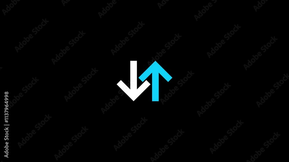 Download and upload icon. double arrow animation, file transfer icon on black background. 4k animated