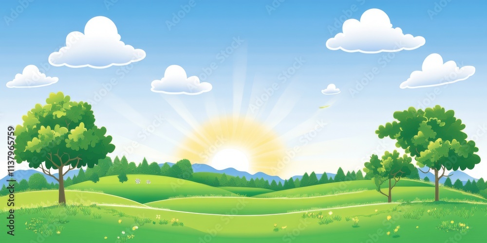 Picturesque Mountain View Framed By Trees And Green Grass Picturesque Mountain View Framed By Trees And Green Grass