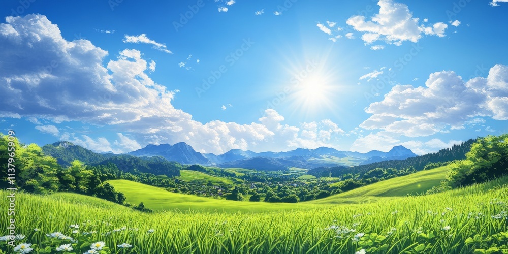 Obraz premium Lush Countryside Field With Blooming Flowers And Sunshine